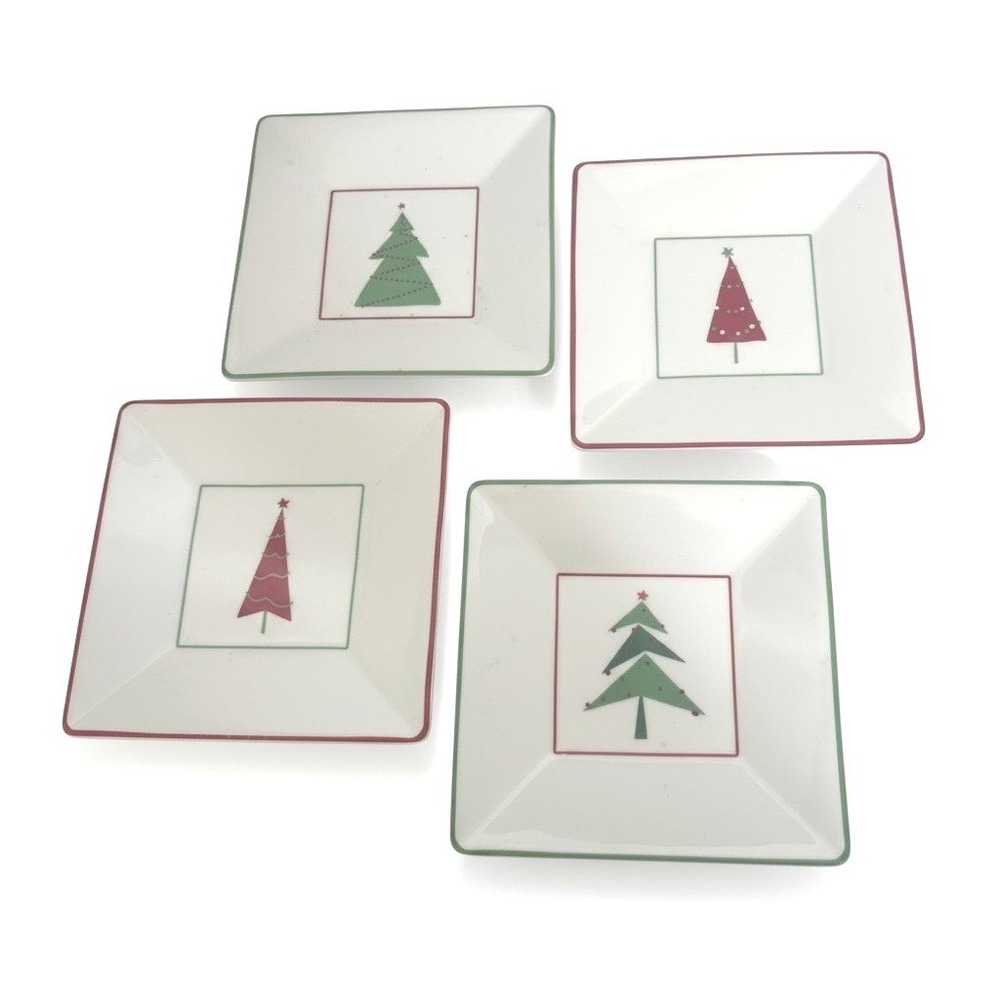 Crate & Barrel Christmas Tree Square Appetizer Plates Set of 4 Red Green White